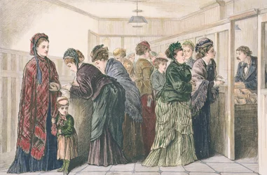 Frauen im Zeitungsbüro, die Anzeigen für Arbeit aufgeben, New York, 1874